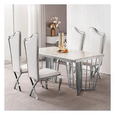 Modern White Upholstered Dining Chairs Set of 2 High Back Side Chair Silver Legs