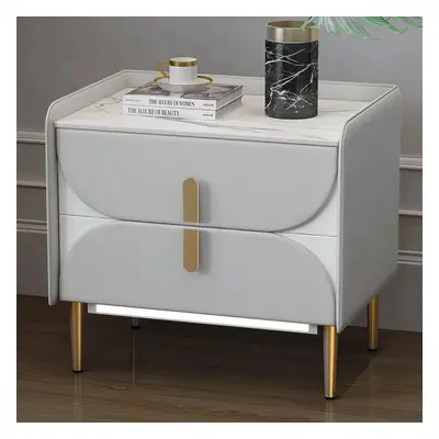 Luxury Gray Nightstand Sintered Stone Top Microfiber Leather Upholstery with LED Light