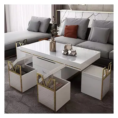 White Modern Lift Top Coffee Table Set with Storage & Stools Extendable Accent Table