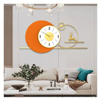 White & Orange Large Round Metal Wall Clock with Gold Pointer Modern Home Deer Decor Art