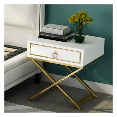 White Nightstand with Drawer Bedside Table with X-Shaped Stainless Steel Base