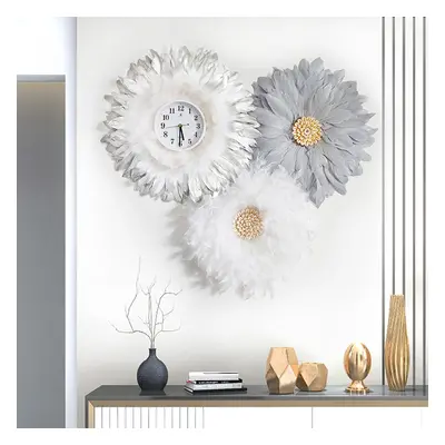 3-Piece Boho Macrame Feather Wall Clock Round Wall Flower Set White & Grey