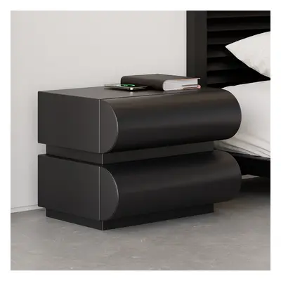 Modern Black Leather Smart Nightstand with Wireless Charger 2 Drawers Bedside Table with USB & T