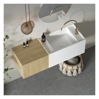 Floating Bathroom Vanity Wall-mounted Single Sink with Cabinet in Light Wood & White