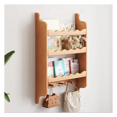 3-Tier Wooden Wall Mounted Magazine Rack Shallow Bookshelf Display Shelf with Hooks