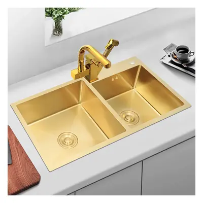 820mm Gold Stainless Steel Kitchen Sink Double Bowls Drop-In Sink with Waste