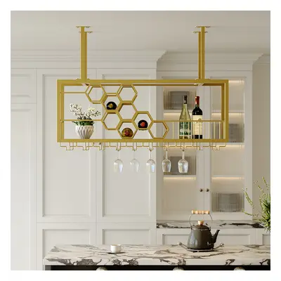 970mm Metal Hanging Wine Rack Golden Bar Shelf Floating Wine Glass Holder