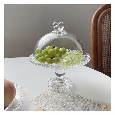 Clear Glass Fruit Serving Tray Stand with Love-shaped Cover Round Food Snack Server with Glass 