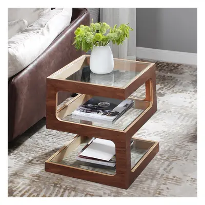 Modern Glass Side Table with 3 Tiers S-shaped End Table in Walnut