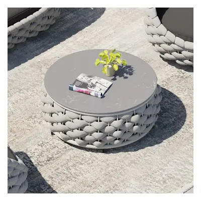 Modern Faux Marble Top Round Outdoor Coffee Table with Textilene Rope Woven Base in Grey