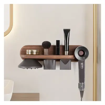 Wood Hair Dryer Holder Rack in Walnut with Accessories Storage & Shelf