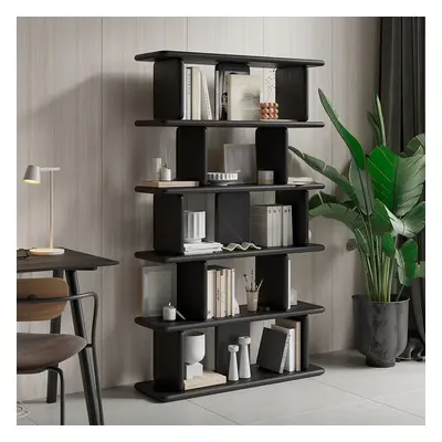 1700mm 5-Tier Black Wooden Bookshelf Japandi Etagere Geometric Bookcase Open Storage