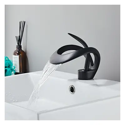 Modern Elegant Waterfall Bathroom Basin Tap Single Lever Handle Solid Brass in Black