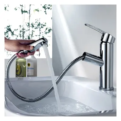 Chaf Contemporary Single Lever Handle Bathroom Tap with Pullout Spray in Polished Chrome