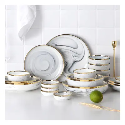 Modern Dinnerware 18-Piece White&Grey Ceramic Dinnerware Gold Rim