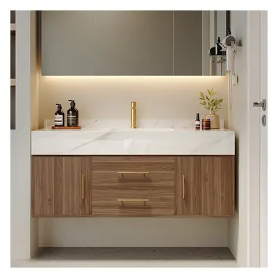 39" Floating Bathroom Vanity Set Wall Mounted Stone Top Bathroom Cabinet Walnut with Sink