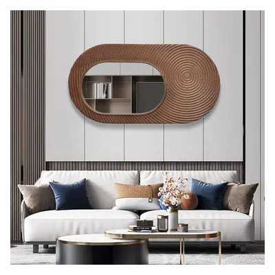 950mm Large Brown Oval Wall Mirror Decor with Circle Texture Frame Living Room Bedroom