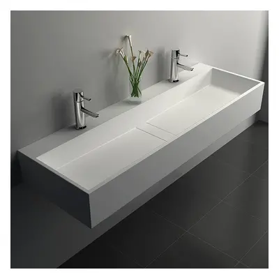 1200mm Wall-Mount Double Basin Stone Resin Matte White Floating Trough Bathroom Basin