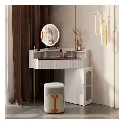 Modern White Corner Makeup Vanity Set with Acrylic Top & Mirror & Stool & Cabinet