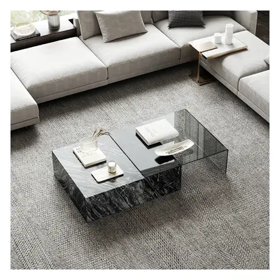 2 Piece Modern Large Square Coffee Table in Black & Tea with Marble Veneer & Acrylic