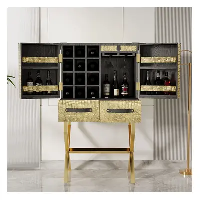 Luxury Gold Faux Leather Bar Wine Rack Cabinet with Storage Home Bar Cabinet