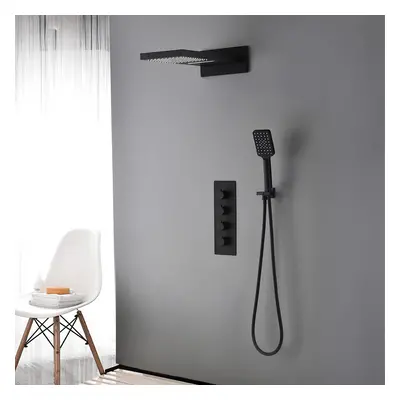 Modern Luxury Thermostatic Wall Mounted Waterfall Rain Shower System Solid Brass Matte Black Sho