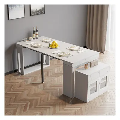 70.9" Rectangle Extendable Dining Table with Storage Sideboard for 4 Farmhouse White Folding Din