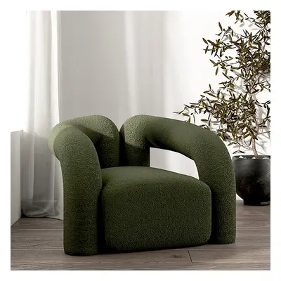 Japandi Dark Green Boucle Accent Chair Shaggy Armchair for Living Room