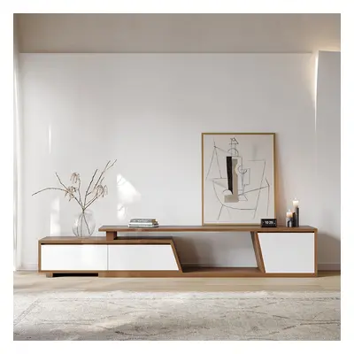 Up to 2800mm Extendable White & Walnut TV Stand Minimalist Floor Media Console with 3 Drawers