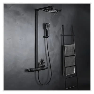 Black Exposed Rainfall Shower Mixer Tap with Handshower & Stone Rack Solid Brass