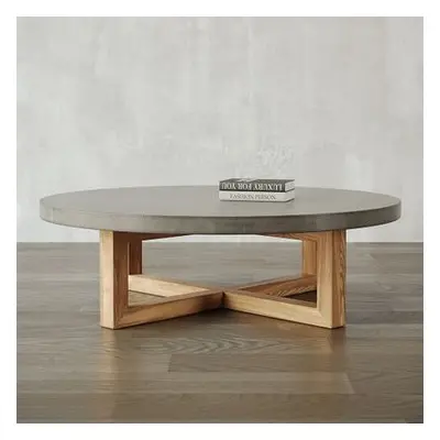 800mm Round Concrete Gray Coffee Table with Cross Legs Pine Wood Base