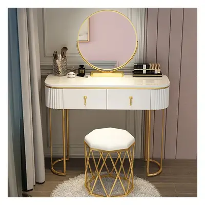 Modern White Oval Makeup Vanity with Rotatable Mirror & Nesting Stool