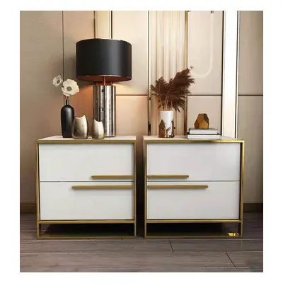 Nightstand Set of 2 White Square Bedside Table with 2 Drawers Minimalist Design in Gold