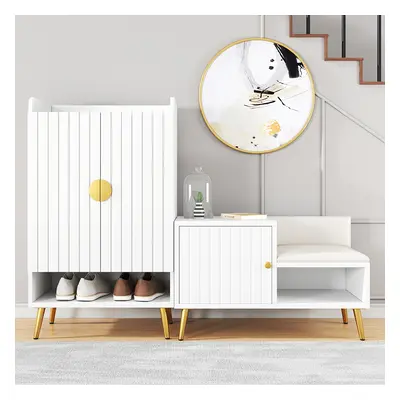 Set of 2 Yellar Entryway White Wood Shoe Storage Cabinet & Upholstered Shoe Rack Bench