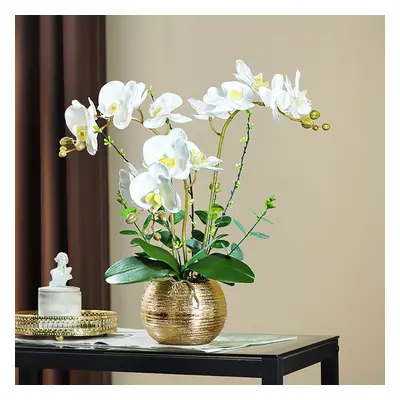 Premium Artificial Realistic White Orchids in Vase Set Gold Brushed Ceramic Flower Pots