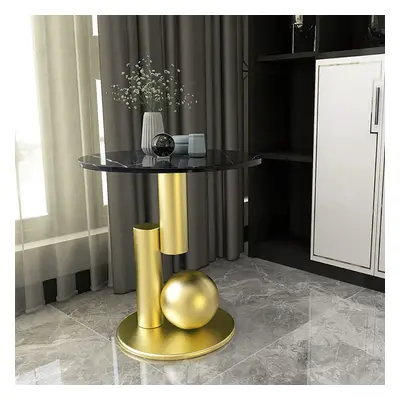 Modern Black End Table Round Sintered Stone Stone Top with Abstract Metal Base