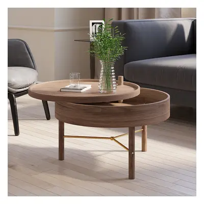 Modern Round Wood Rotating Tray Coffee Table with Storage & Metal Legs in Walnut