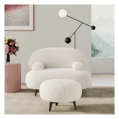 Modern White Cream Boucle Accent Chair with Pouf Ottoman Set Lounge Chair with Footstool