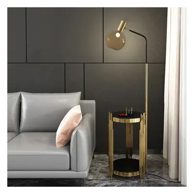 Modern Floor Lamp End Table with Glass Shade, Wireless Charger & USB Port