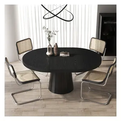 Japandi 39"-55" Extendable Dining Table for 6 Person Black Oval & Round Wood Table Pedestal