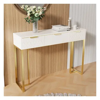 1200mm White & Gold Modern Console Table Rectangular Accent Table for Entryway 3 Drawers