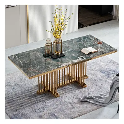 78.8" Modern Large Rectangular Glossy Faux Marble Dining Table Gold Pedestal Base