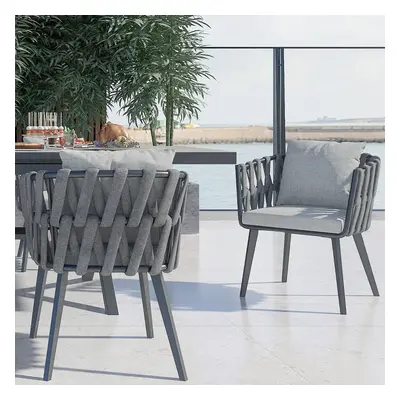 Set of 2 Hand Woven Rope Outdoor Patio Dining Chair with Cushions in Gray Set of 2 Aluminum Allo