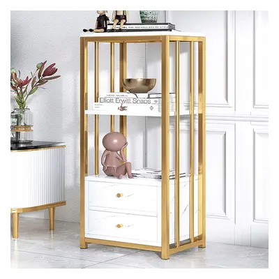 Modern White Storage Display Cabinet with Shelves & Drawers Accent Cabinet with Backboard