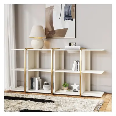 1830mm Long Low Bookshelf 2-Shelf Open Horizontal Bookcase White & Gold