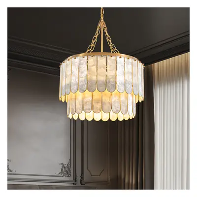 Coastal 5-Light Capiz Shell 2 Tiered Faceted Chandelier Pendant Light in Gold & White