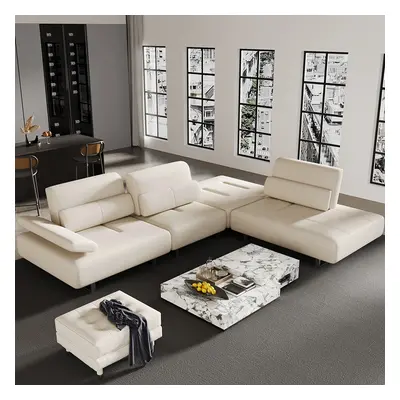 3420mm White Leather Lounge Deep Seat Sectional Sofa with Adjustable Armrest & Backrest