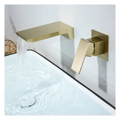 Waterfall Wall Mounted Brushed Gold Bathroom Basin Tap Single Lever Handle