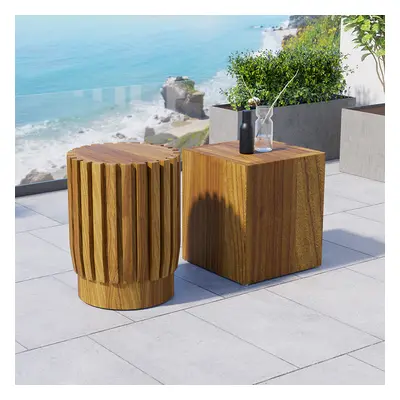 2 Pieces Rustic Round & Rectangle Teak Wood Outdoor Coffee Table Set in Natural