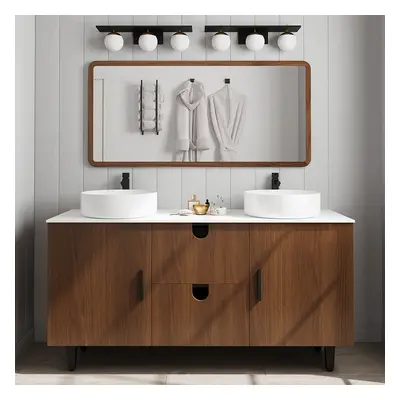 1500mm Teak Wood Freestanding Double Bathroom Vanity with Top Vessel Sink